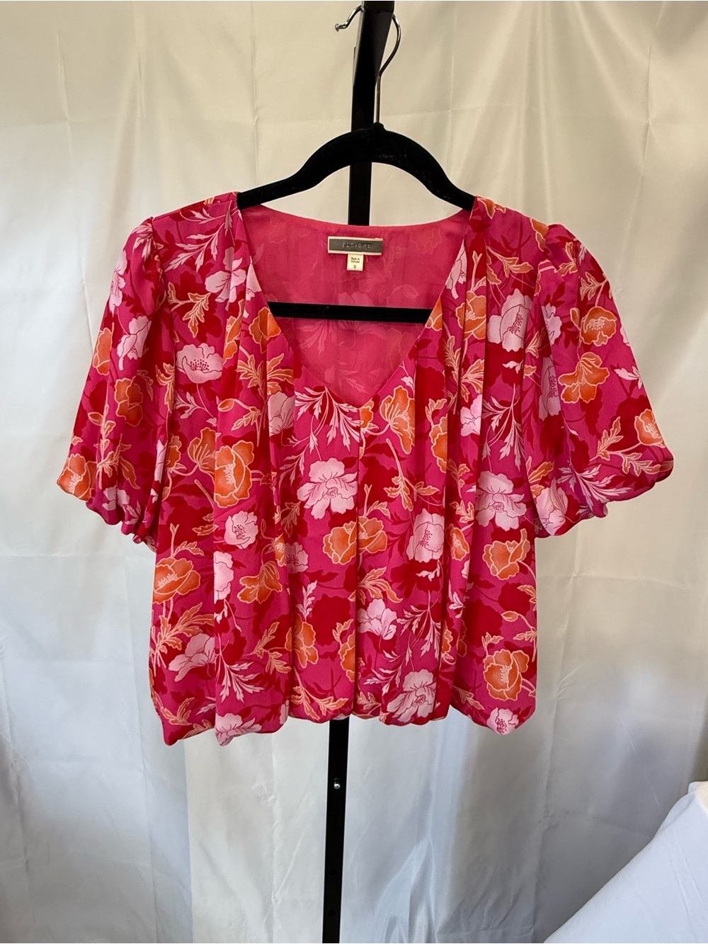 Pleione Small Floral Women’s Top short sleeve pink orange elastic waist sleeves